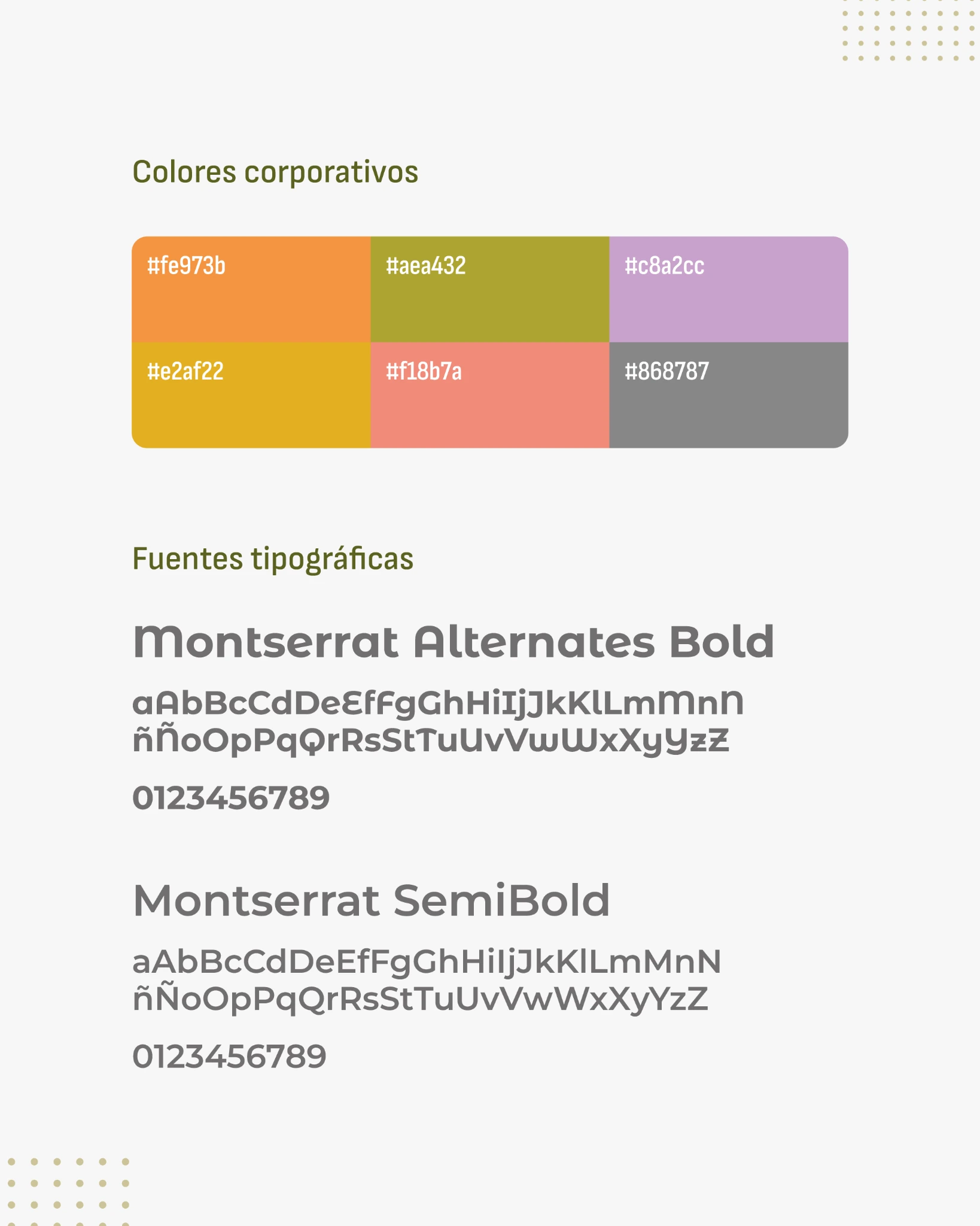 Paleta y tipografías originales Montserrat Alternates Bold y Montserrat SemiBold