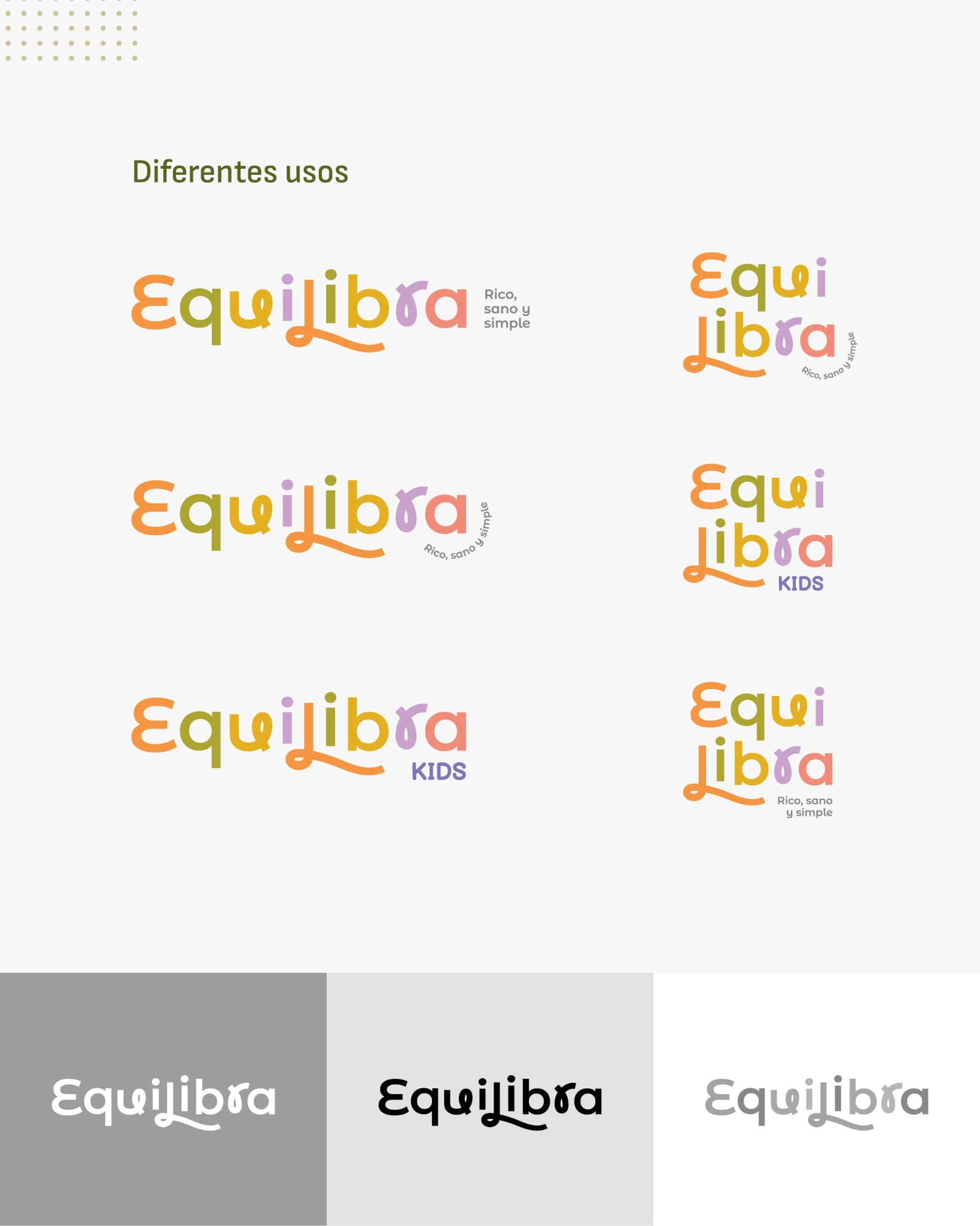 Variantes horizontales, apiladas, Kids y monocromáticas del logotipo Equilibra