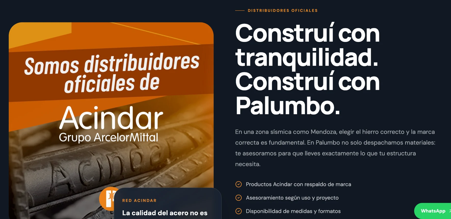 Captura real de la sección distribuidores oficiales Acindar de la web Palumbo SRL