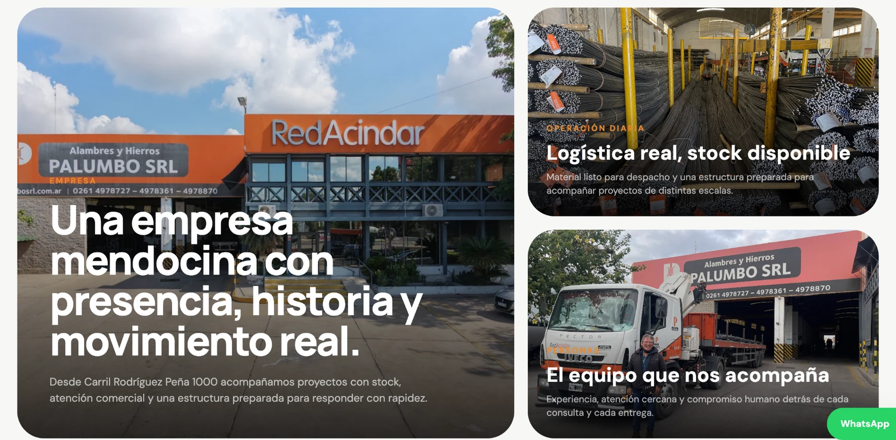 Captura real de la web Palumbo mostrando fachada, stock de hierro y operación logística